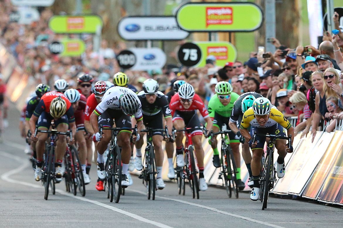 Full steam ahead as Caleb Ewan leads the bunch sprint