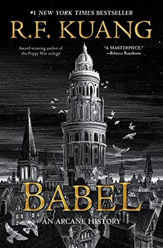 Babel book cover featuring a university castle tower in black and white