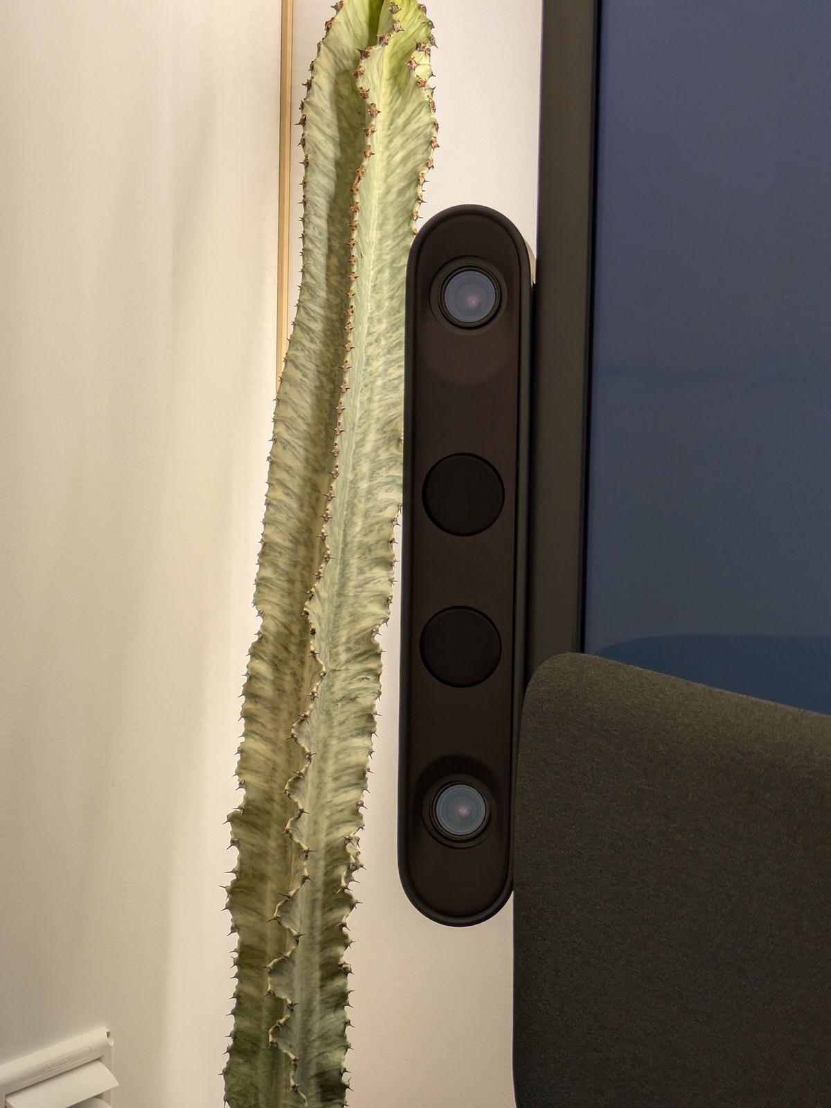 A close-up of the camera hardware on a Project Starline booth