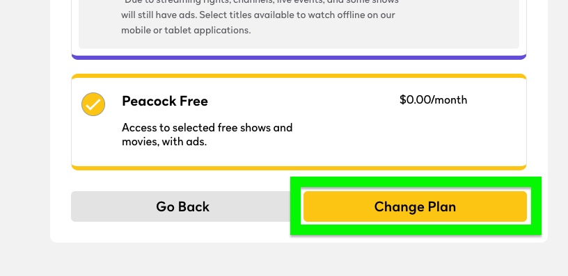how to cancel a peacock subscription step 6: select Change Plan
