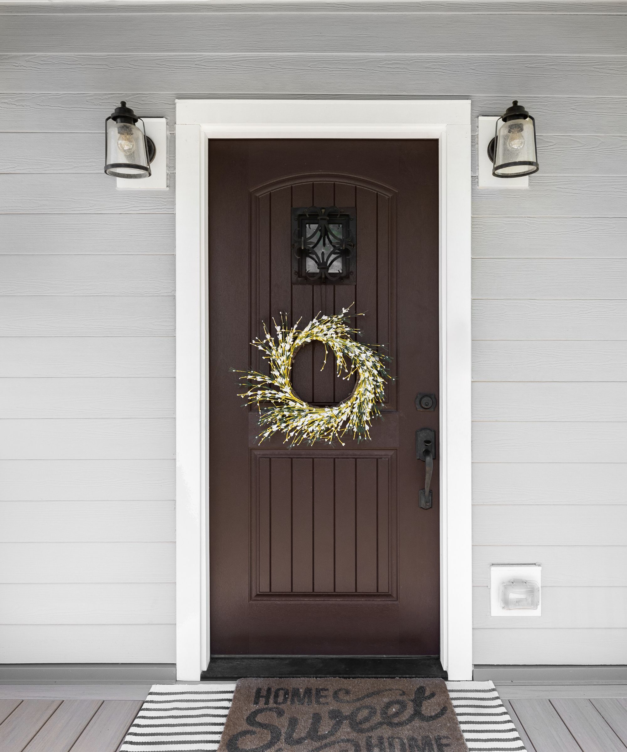 A dark brown front door