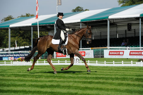 Alex Postolowsky riding Islanmore Ginger during the dressage at The Land Rover Burghley Horse Trials 2013
