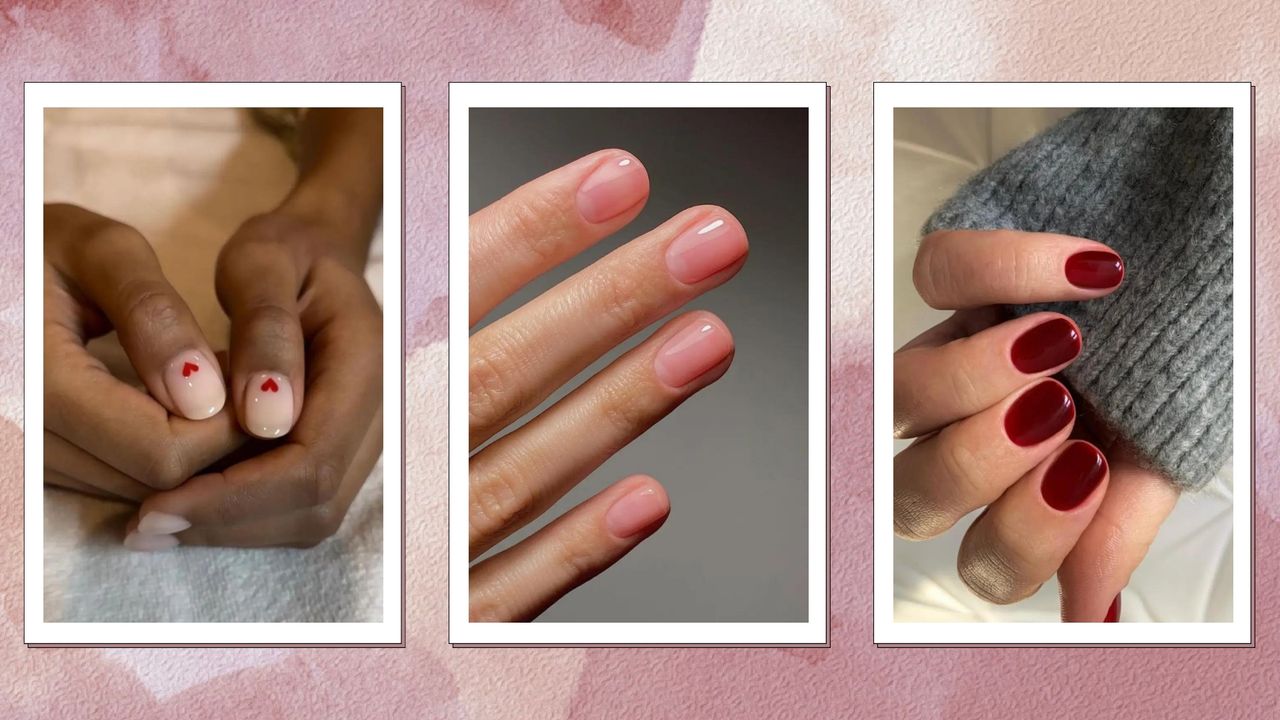 On the left, a close up of hands with cream, Simple Valentine&#039;s Day nails with heart details. alongside a picture of a hand with sheer, pink nail polish and finally a hand with burgundy nails by nail artists @matejanova/Mateja Novakovic and @gel.bymegan/ in a pink watercolour template