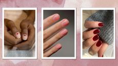 On the left, a close up of hands with cream, Simple Valentine's Day nails with heart details. alongside a picture of a hand with sheer, pink nail polish and finally a hand with burgundy nails by nail artists @matejanova/Mateja Novakovic and @gel.bymegan/ in a pink watercolour template