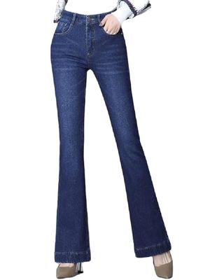 Lazutom Women Winter Warm Fleece Lined Flare Jeans High Waist Stretch Slimming Butt Lifting Wide Leg Denim Pants Blue