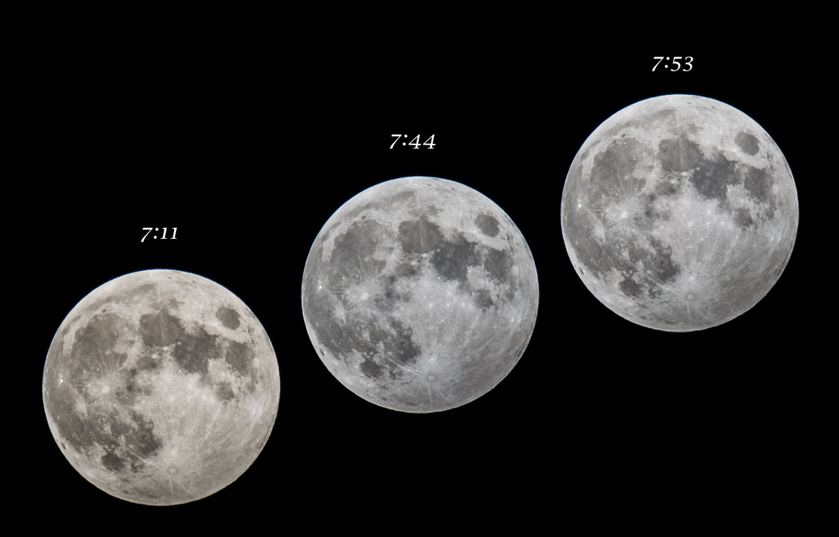 Astrophotographer David Peller captured these three views of a minor penumbral lunar eclipse from Worcester, Mass. on Oct. 18, 2013. Another penumbral lunar eclipse will occur early Wednesday, before sunrise, on March 23, 2016.