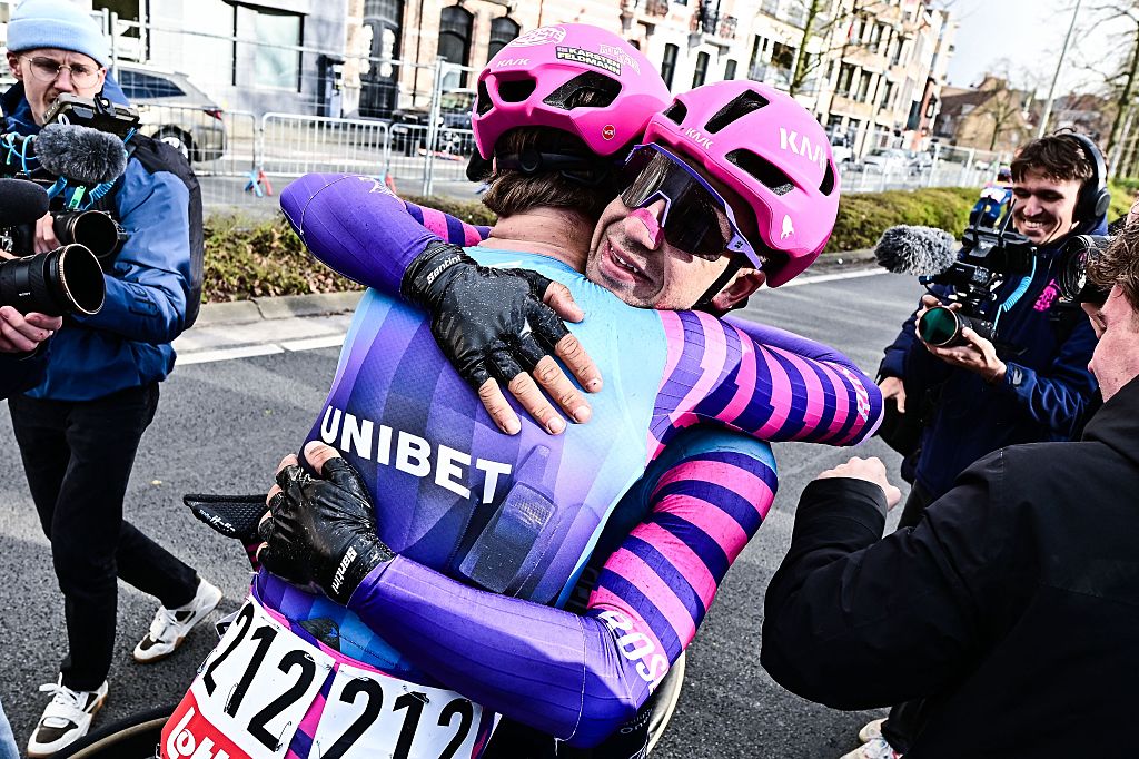 Dutch Dylan Groenewegen of Unibet Rose Rockets celebrates after winning the 'Ronde van Brugge' men's elite one-day cycling race, 202,9 km from and to Brugge on Wednesday 25 March 2026. BELGA PHOTO MAARTEN STRAETEMANS (Photo by MAARTEN STRAETEMANS / BELGA MAG / Belga via AFP)