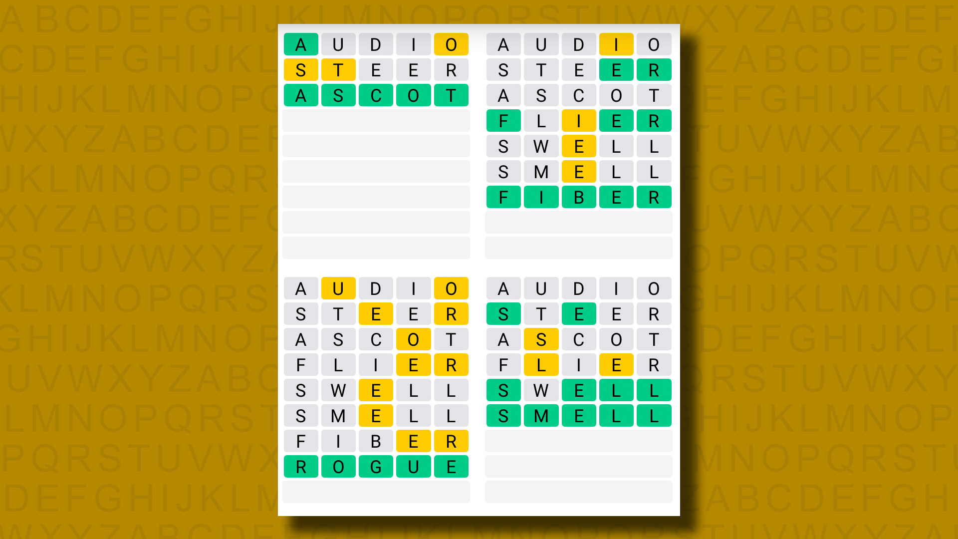 Quordle responde al juego 1083 sobre un fondo amarillo