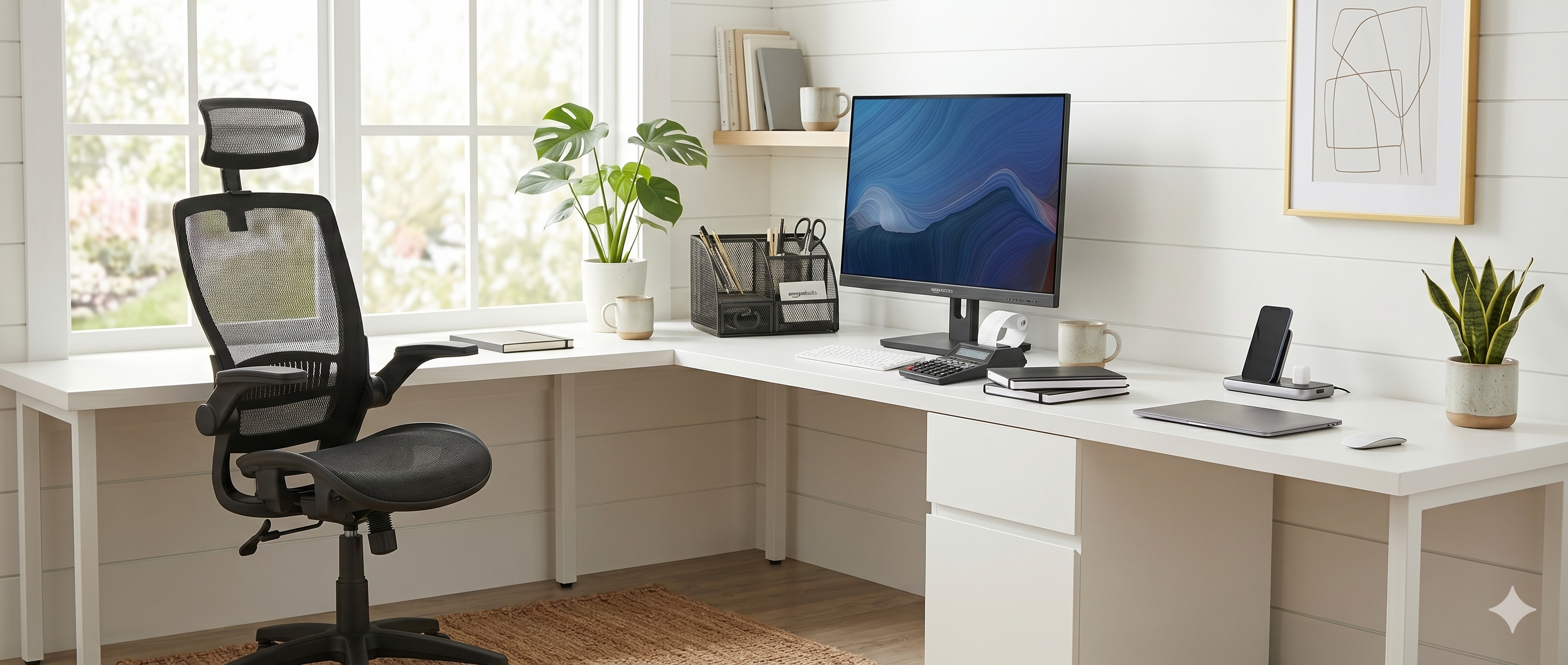 A clean, brightly lit home office displaying a monitor, office chair, notebook, desk organizer, and caalculator