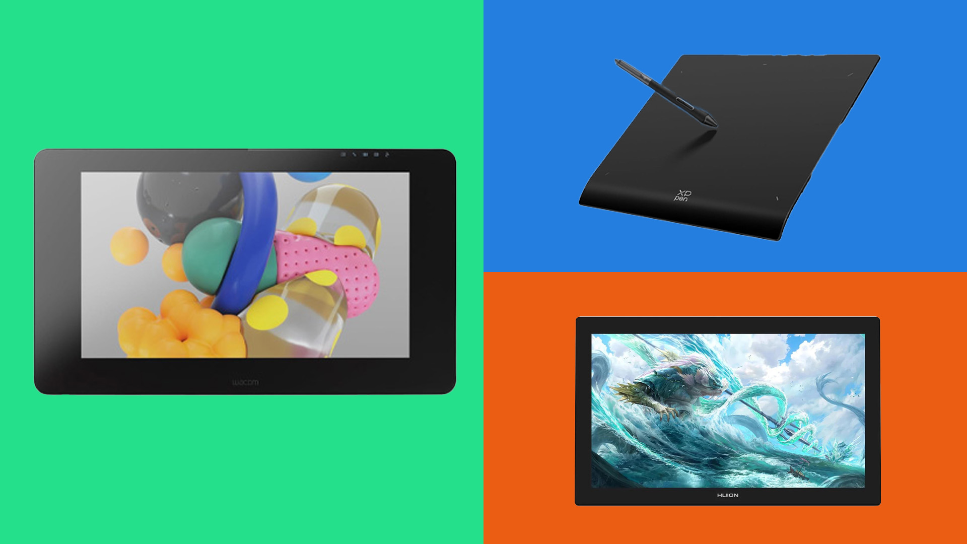 Black Friday drawing tablets; three digital drawing tablets are displayed against green, blue, and orange backdrops. Two show art on their screens.