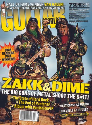 Guitar World March 2003 cover featuring Zakk Wylde and Dimebag Darrell with in full camo clothing and facepaint, with camo finish guitars and dyed beards.