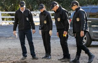 Pictured: Sean Murray as NCIS Special Agent Timothy McGee,Emily Wickersham as NCIS Special Agent Eleanor "Ellie" Bishop, Mark Harmon as NCIS Special Agent Leroy Jethro Gibbs, Wilmer Valderrama as NCIS Special Agent Nicholas "Nick" Torres. 