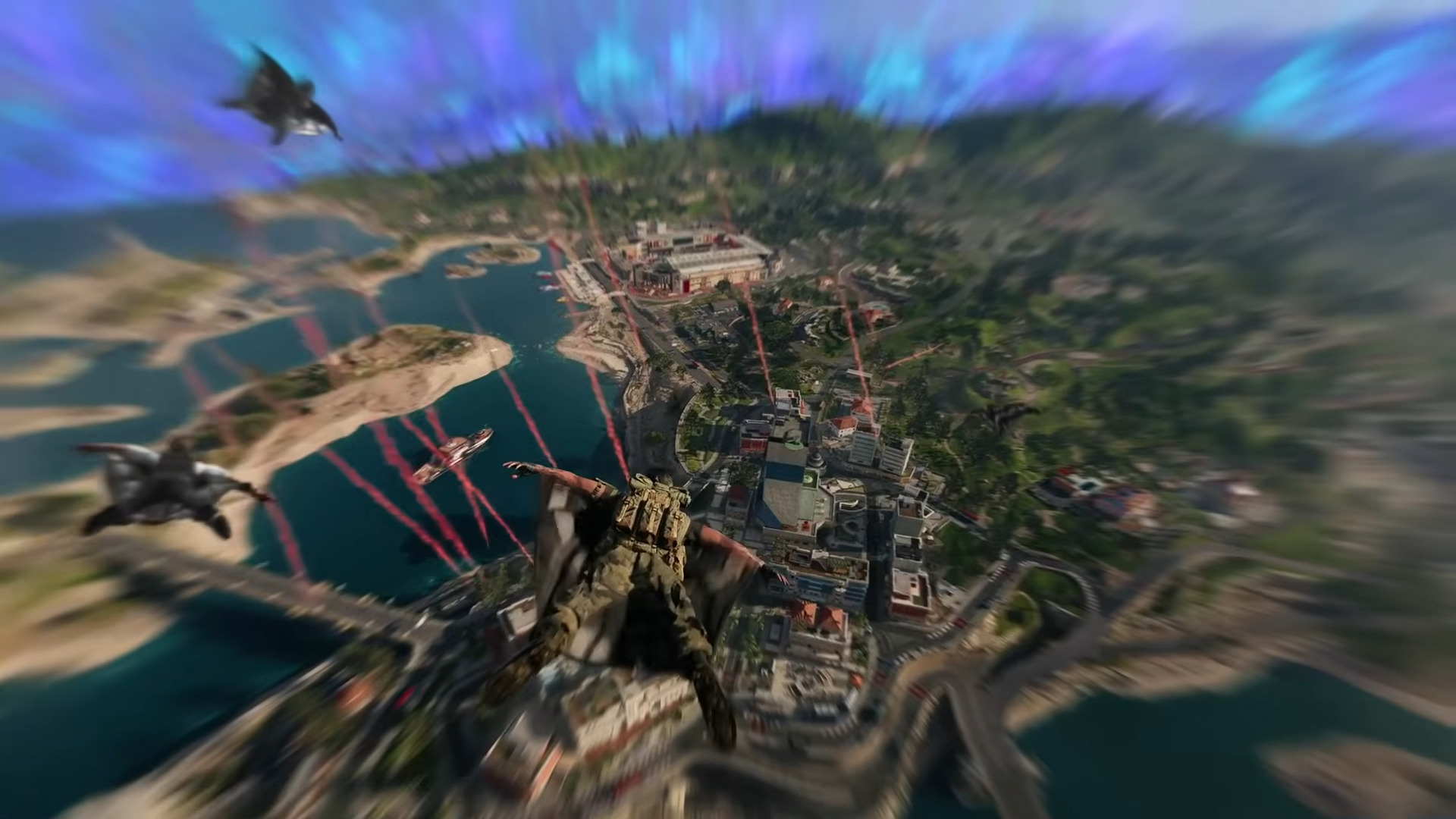 A figure drops via wingsuit into a warzone