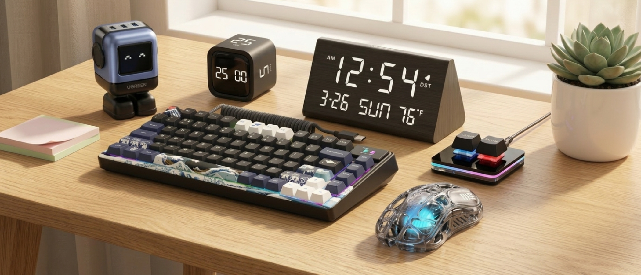 A selection of home office gadgets in a bright room on a desk
