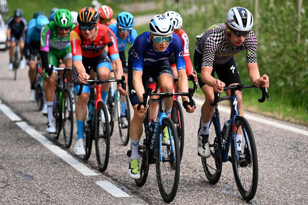 BRENTONICO SAN VALENTINO ITALY APRIL 19 LR Jasha Stterlin of Germany and Team Bahrain Victorious Juri Hollmann of Germany and Movistar Team and Liam Johnston of Australia and Team Trinity Racing compete in the breakaway during the 46th Tour of the Alps 2023 Stage 3 a 1625km stage from Ritten to Brentonico San Valentino 1321m on April 19 2023 in Brentonico San Valentino Italy Photo by Tim de WaeleGetty Images