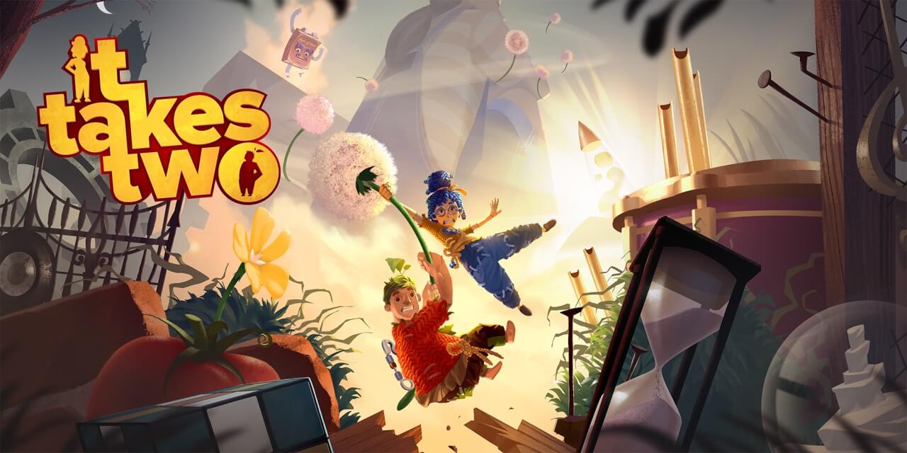 The two main characters from the game It Takes Two gliding through their garden holding a dandelion