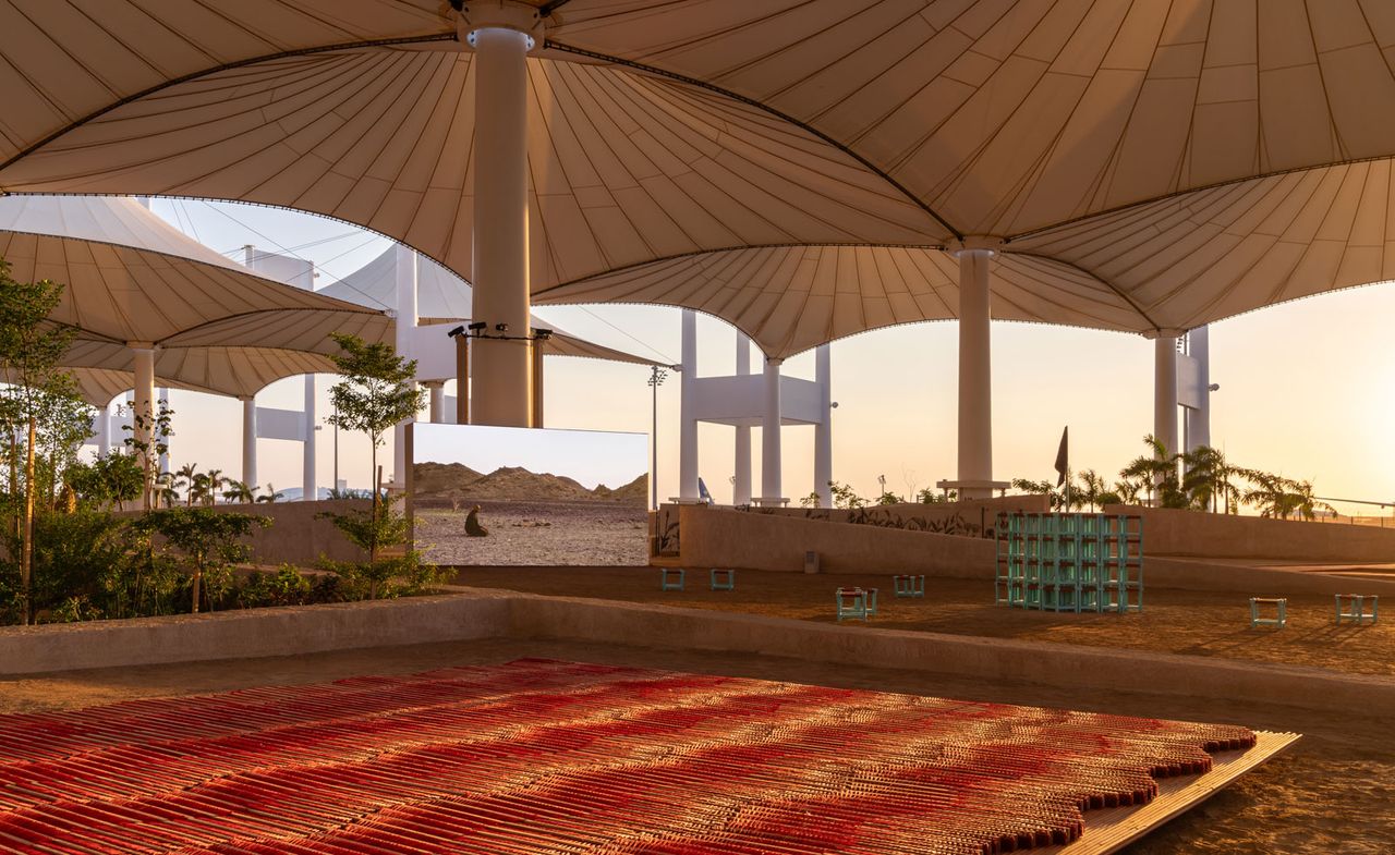 Islamic Arts Biennale in Jeddah, exhibition displays beneath tented canopy