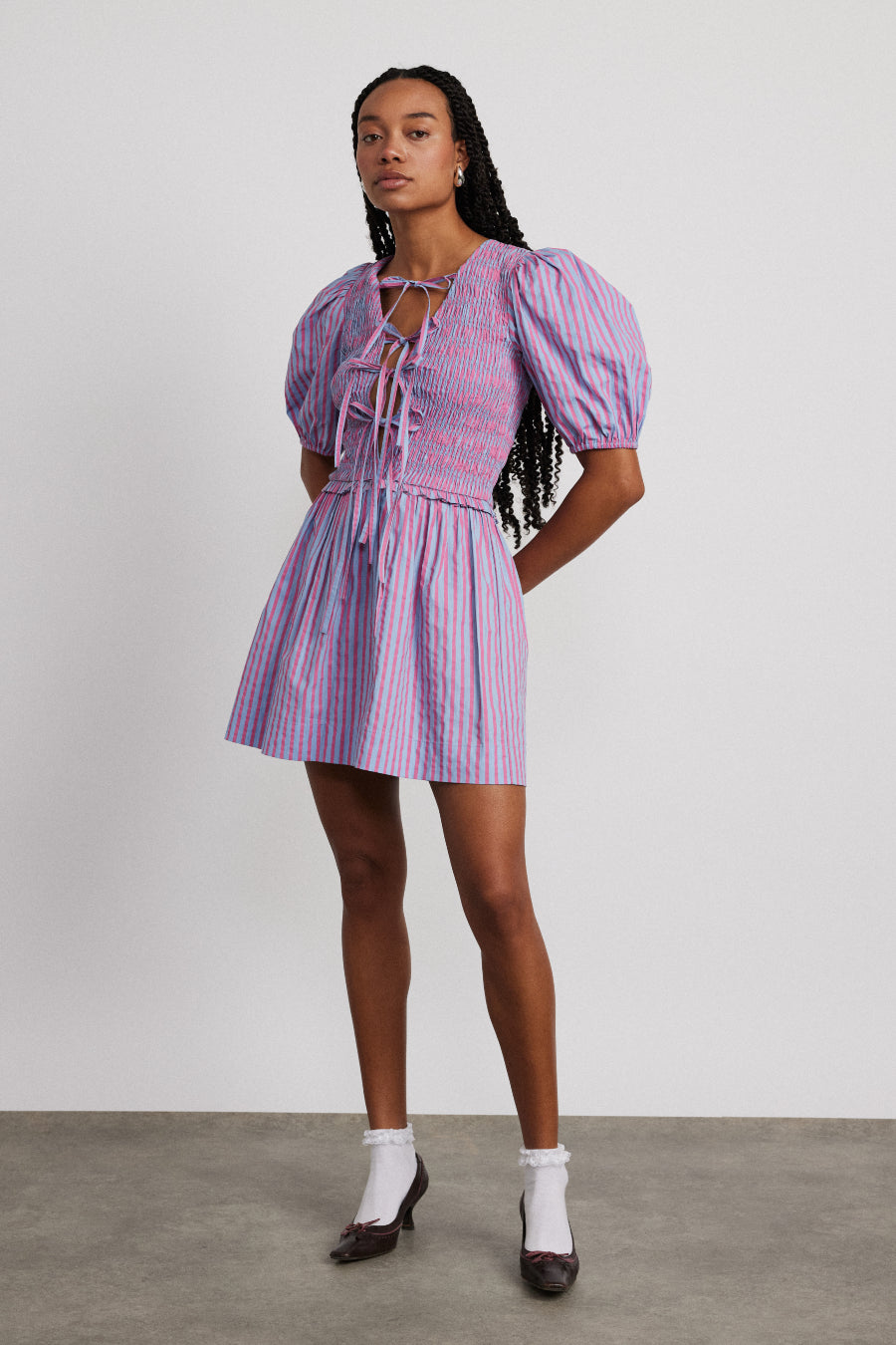 Bluebelle Shirred Mini Dress - Pink and Blue Stripes