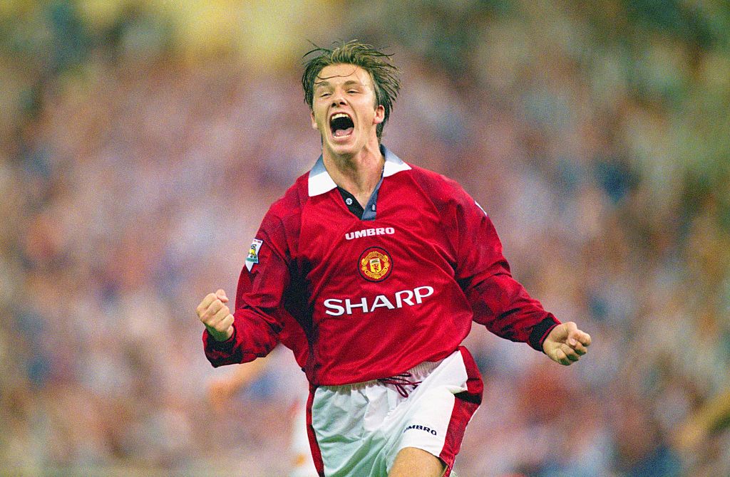 David Beckham of Manchester United celebrates after scoring the third goal in the 1996 FA Charity Shield between Manchester United and Newcastle United at Wembley Stadium on August 11, 1996 in London, England.