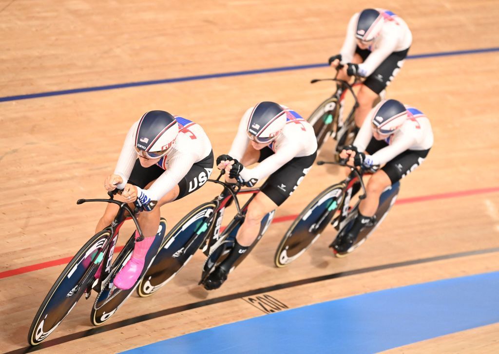 Chloe Dygert leads Lily Williams, Emma White and Jen Valente in the Olympic Games team pursuit qualifying in Tokyo 2020