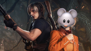 Ashley and Leon from Resident Evil 4 remake stand side-by-side, Ashley's head has been replaced by a large mouse emoji.