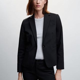 model wearing black mango fitted jacket