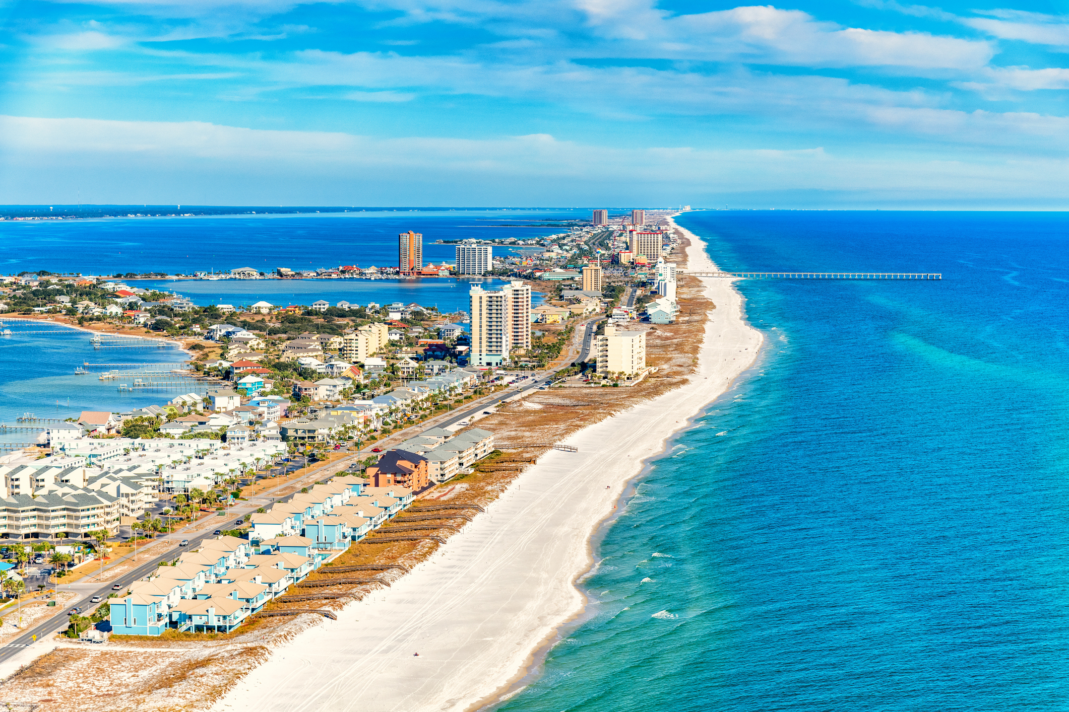 The pier along the beach at Pensacola Beach, Florida shot from an altitude of about 500 feet during a helicopter photo flight.