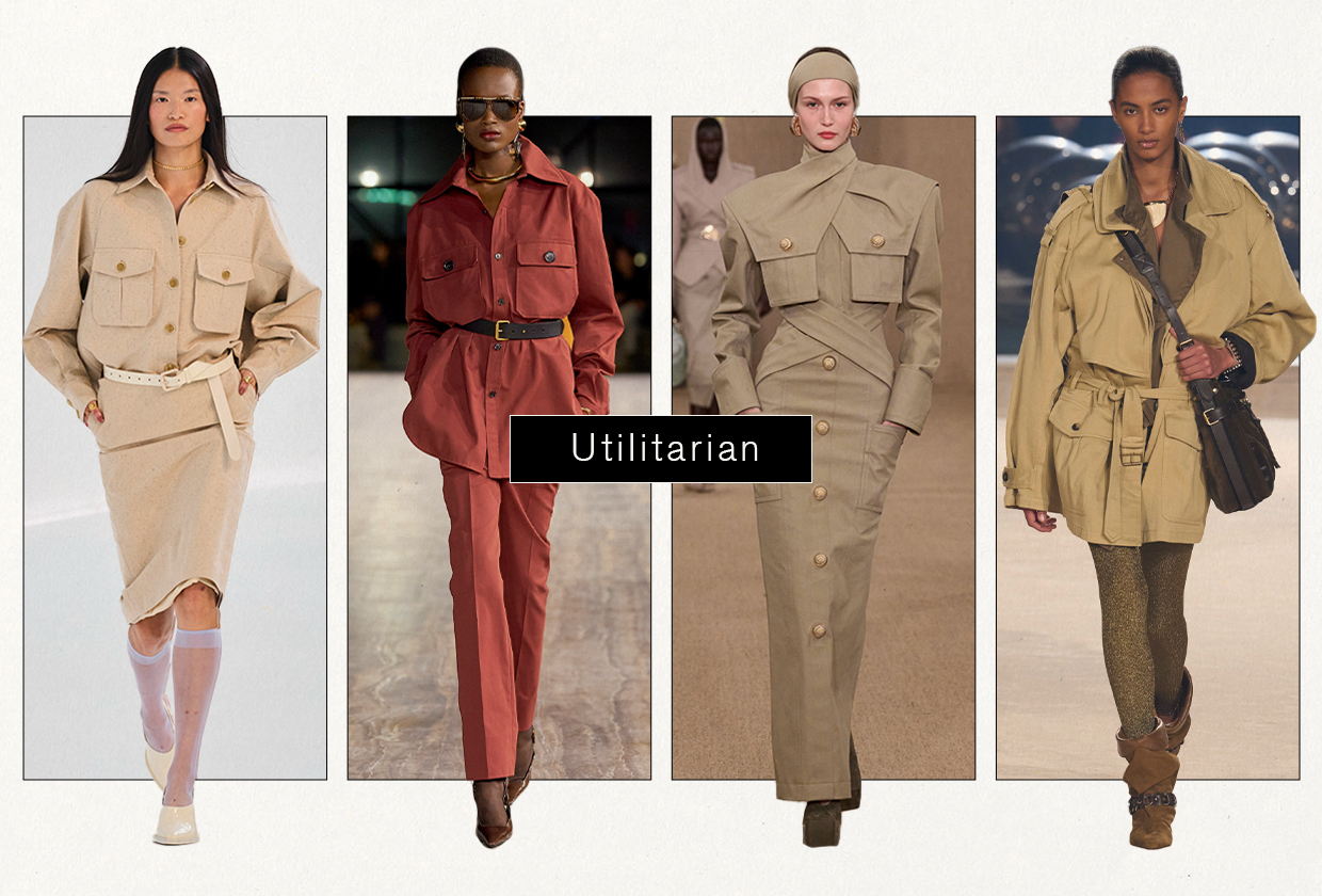 a collage of models wearing utilitarian-inspired clothing on the spring and fall 2024 runways
