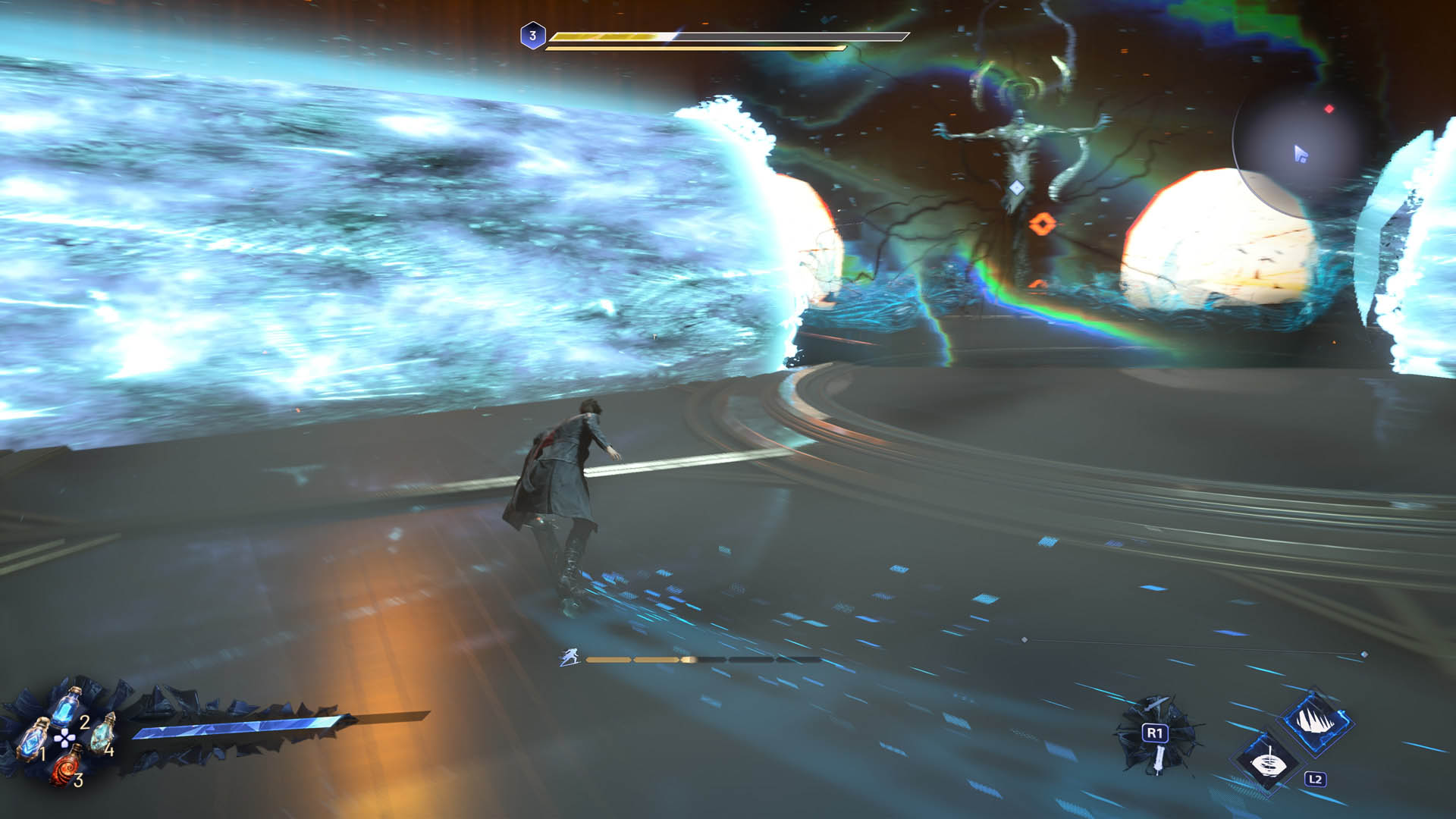 Kaser rides his greatsword like a hoverboard in Lost Soul Aside to avoid spinning boss enemy lasers