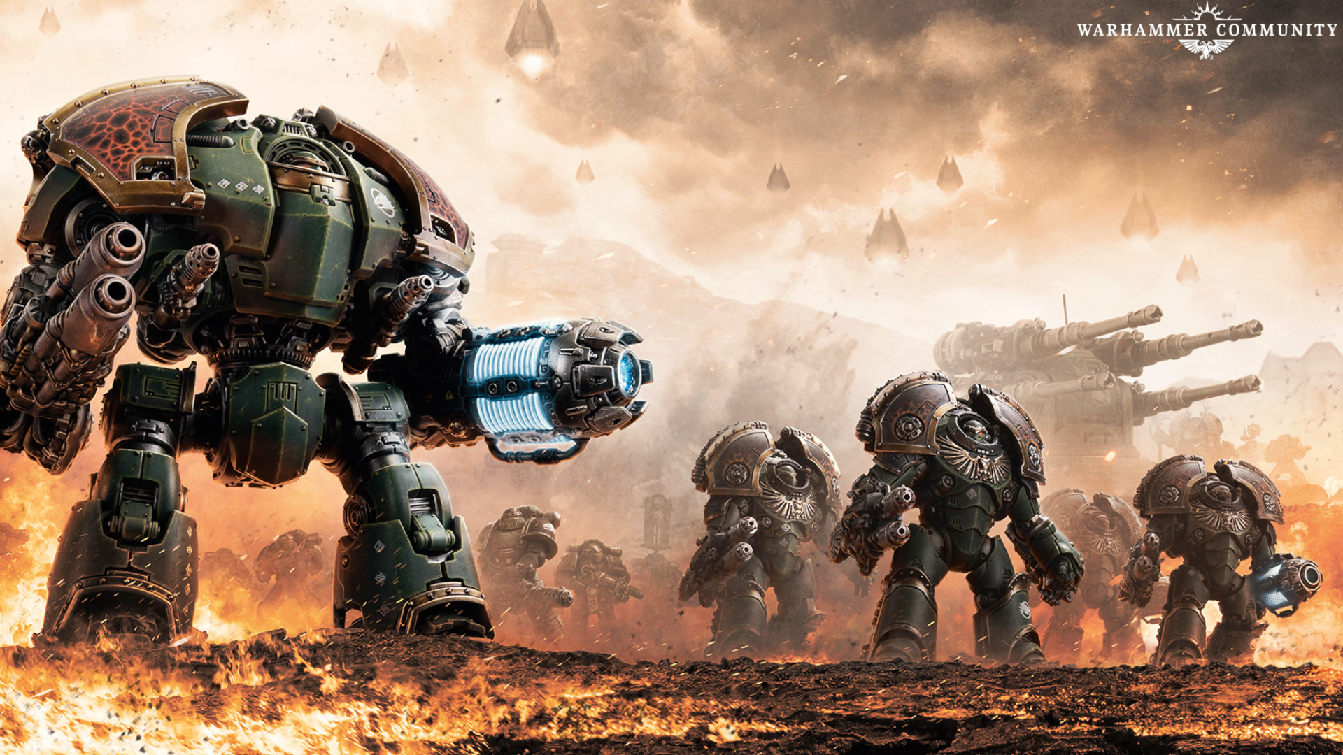 Saturnine Dreadnought and Terminators line up on a flaming battlefield in art from Warhammer: The Horus Heresy