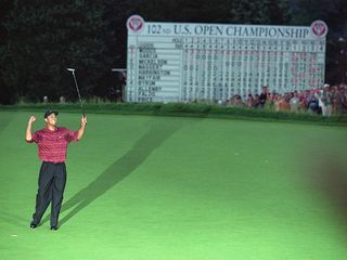 Tiger Woods celebrating after winning the 2002 US Open