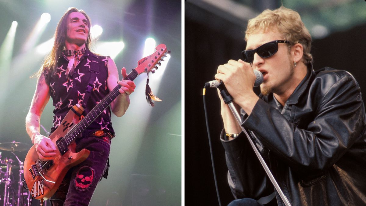 Left - Nuno Bettencourt of Extreme performs during a stop of the Thicker Than Blood tour at The Theater at Virgin Hotels Las Vegas on February 29, 2024 in Las Vegas, Nevada; Right - Singer Layne Staley is shown performing on stage during a &quot;live&quot; concert appearance with Alice In Chains on July 7, 1991