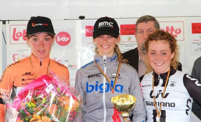 2014 Fl&egrave;che Wanzoise podium: Aude Biannic (Lointek), Joanne Hogan (Bigla) and Floortje Mackaij (Giant-Shimano)