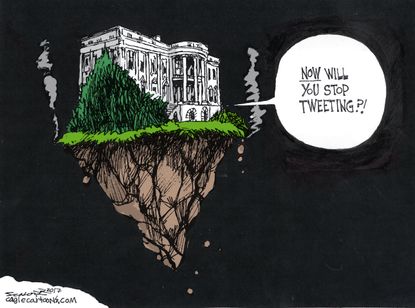 Political Cartoon U.S. Trump apocalypse tweeting
