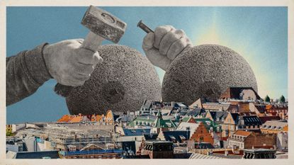 Photo collage of the skyline of Copenhagen, with two enormous stone orbs towering over it, blotting out the sun. A pair of male sculptor's hands is chiselling away at them.