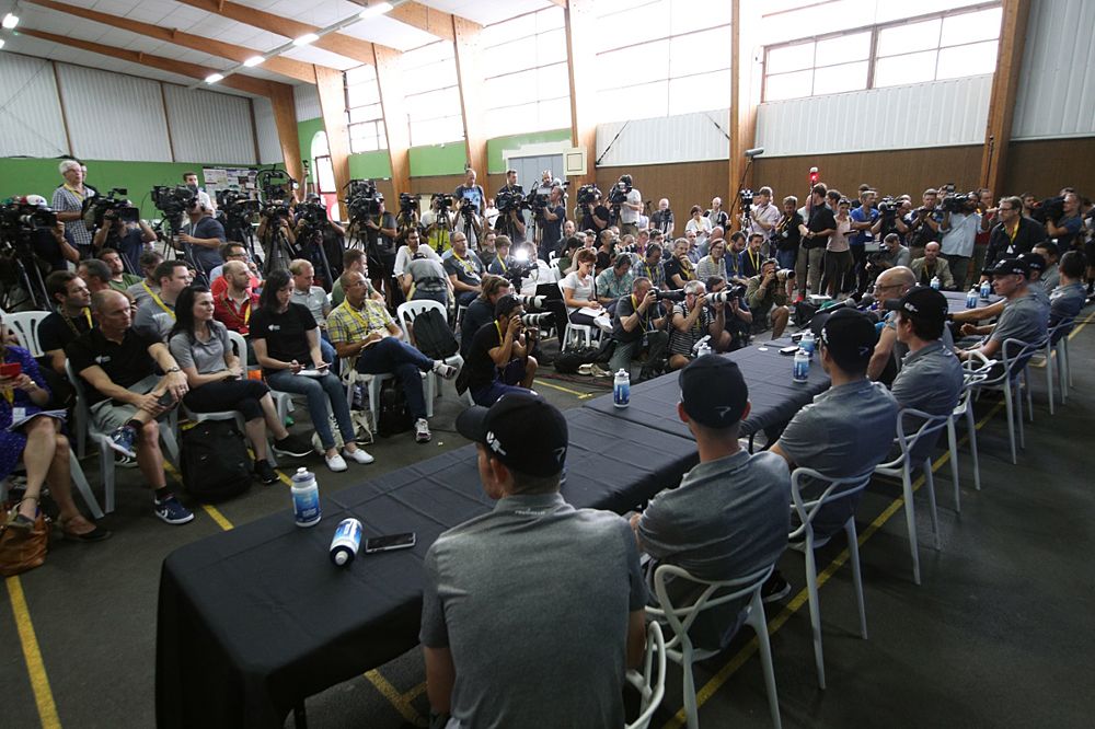 The press assemble for a Team Sky press conference ahead of the Tour de France