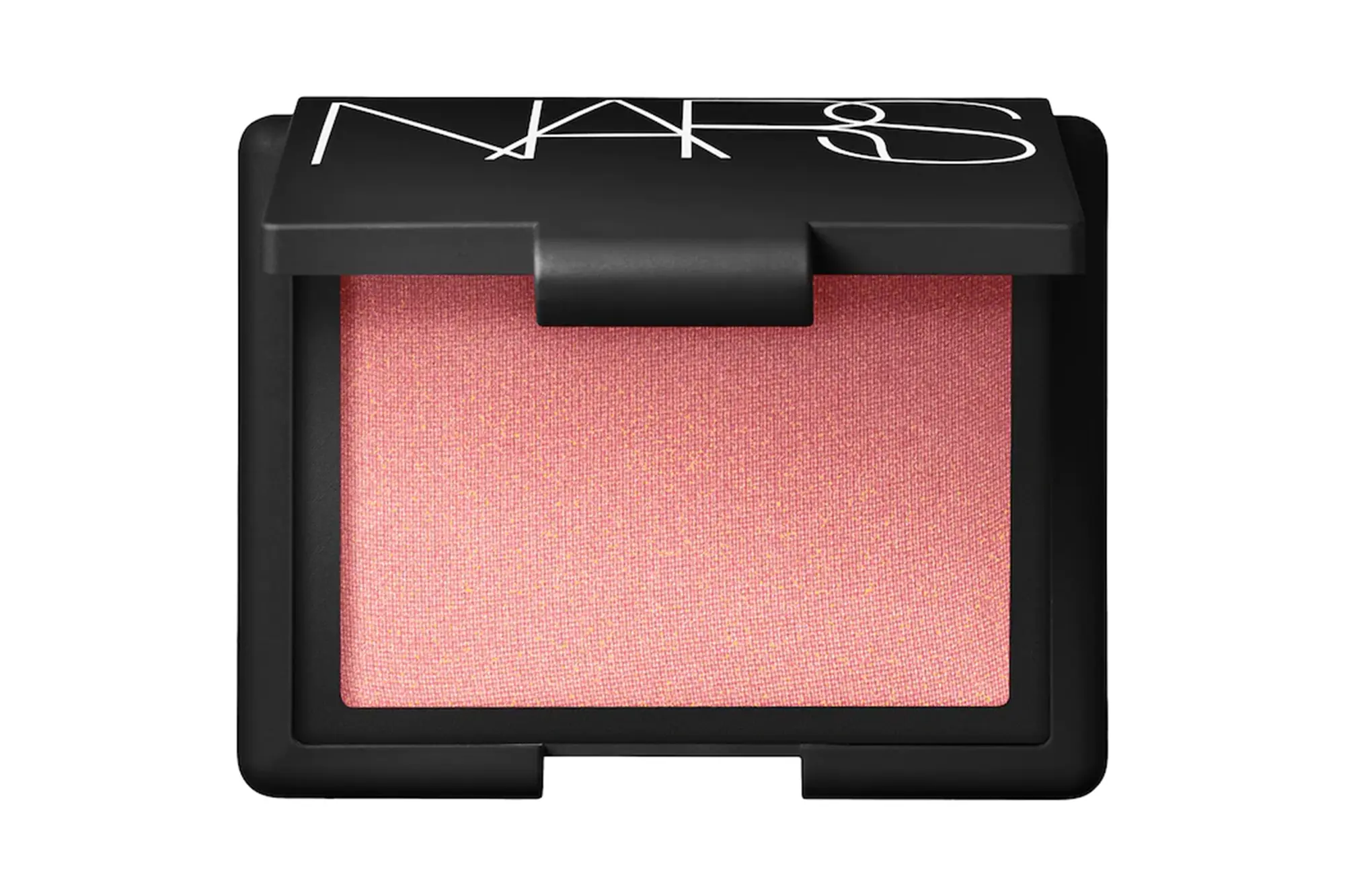 A black compact filled with NARS peach blush in the shade orgasm