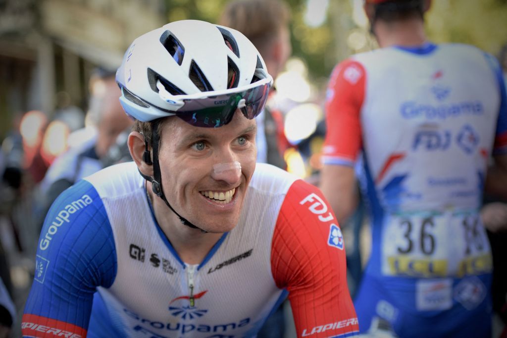 French rider of team Groupama FDJ Arnaud Demare reacts after he won the 115th edition of the 2123 km ParisTours one day cycling race in Tours Central France on October 10 2021 Photo by GUILLAUME SOUVANT AFP Photo by GUILLAUME SOUVANTAFP via Getty Images