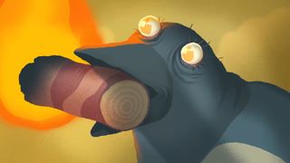 The magpie holding a burning log in Milktooth's Bad Magpie game