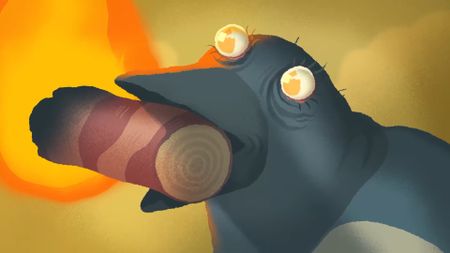 The magpie holding a burning log in Milktooth's Bad Magpie game