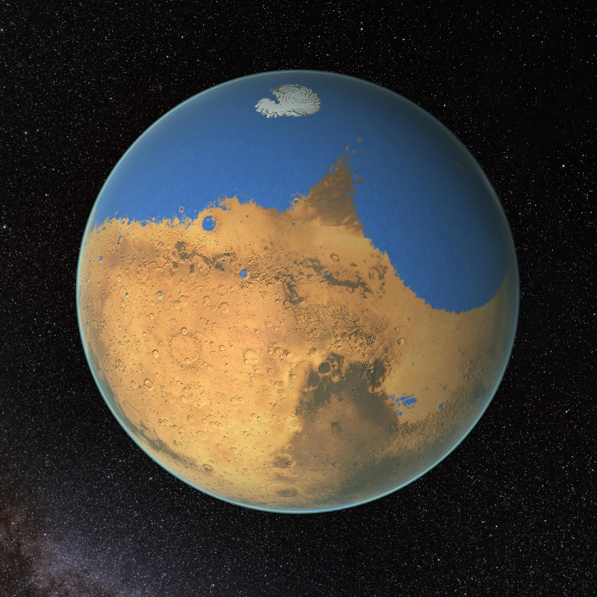 An illustration of a reddish planet with a blue ocean in its northern hemisphere.
