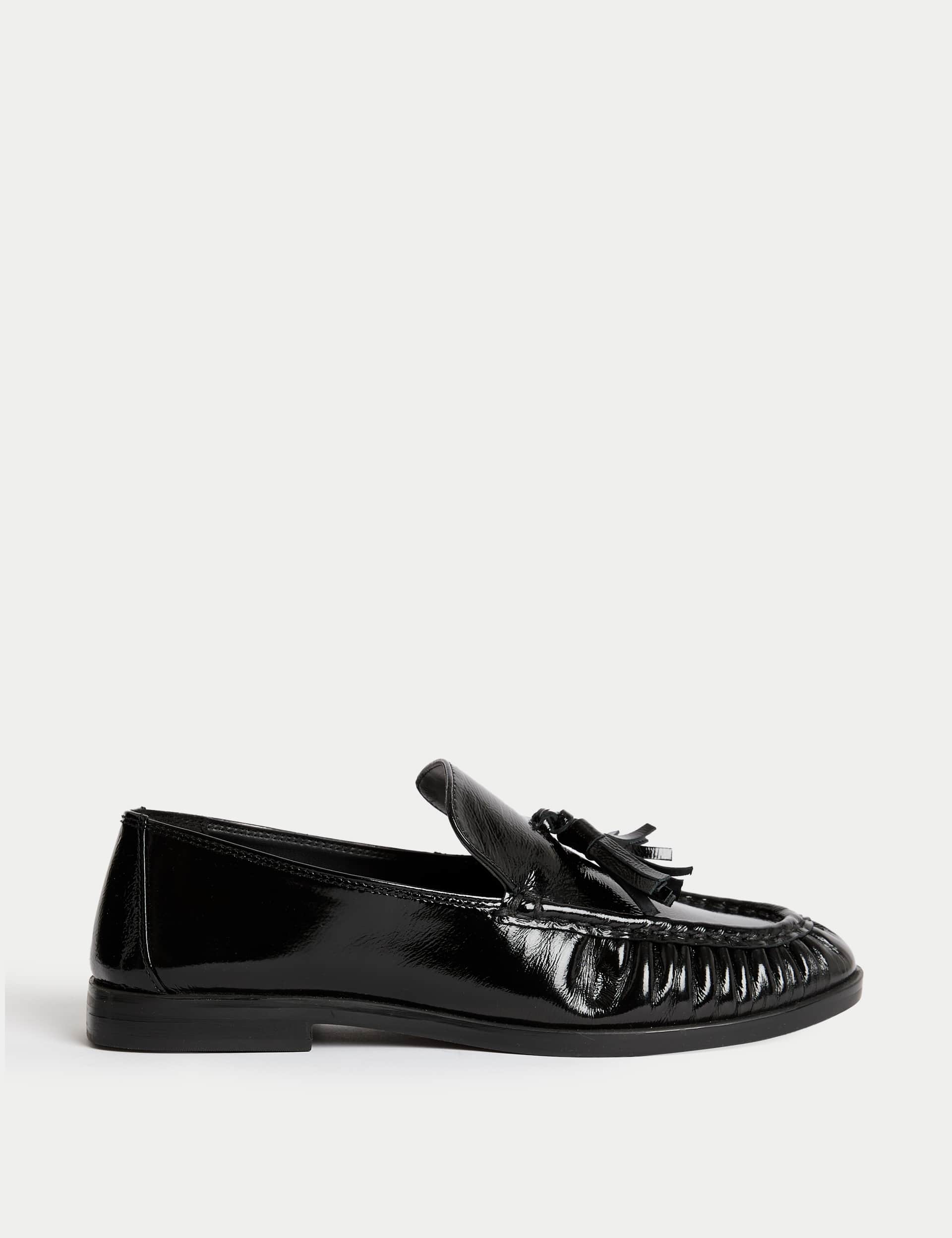 Leather Patent Ruched Tassel Flat Loafers