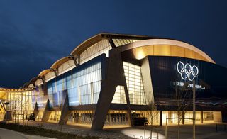 Exterior of Richmond Olympic Oval by Cannon Design at night