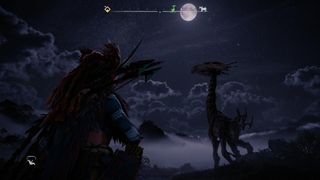 A Tallneck walks in the open in front of Aloy at night