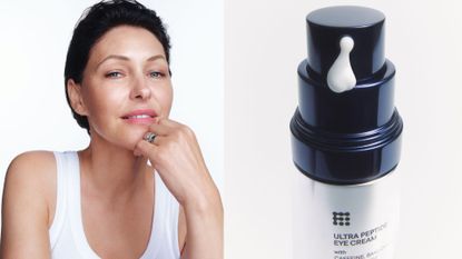Emma Willis pictured in a white ves ttop with glowing, clean skin and a bottle of m&s formula peptide serum with some product coming out