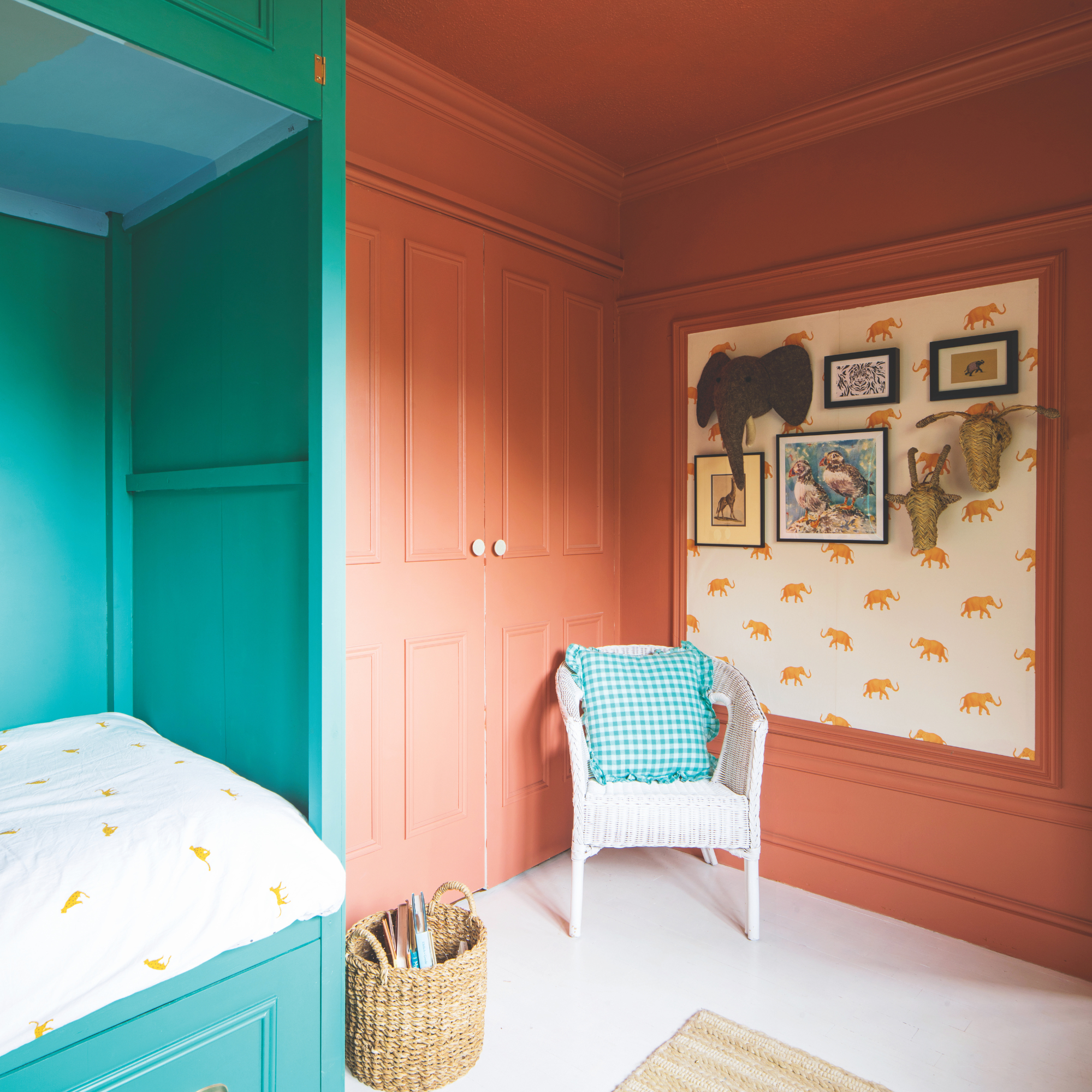 Two-tones terracotta and blue children's bedroom.