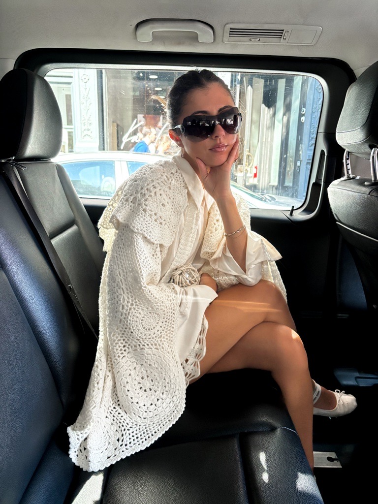 Jessica Habich thomas wearing a crochet dress with miu miu flats