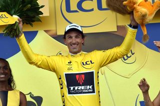 Fabian Cancellara celebrates yet another yellow jersey on the podium of stage two (Watson)