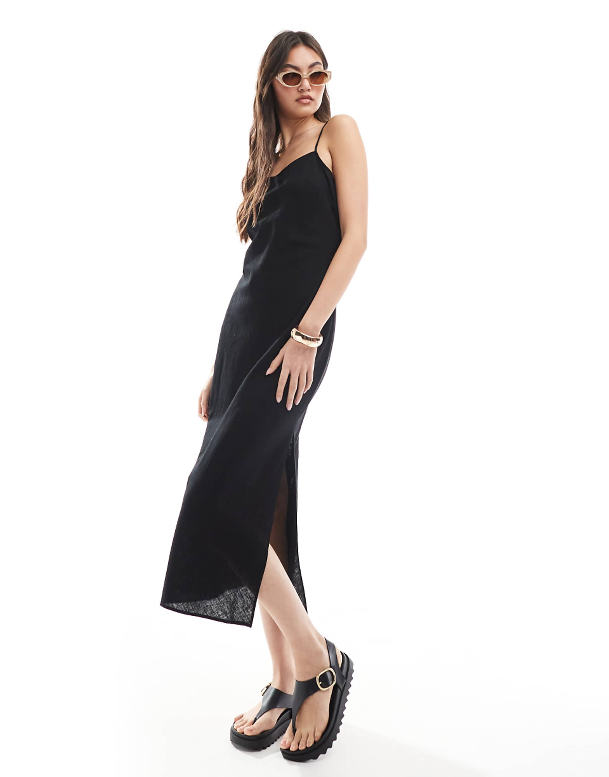 Monki Linen Midaxi Slip Dress in Black Exclusive to Asos