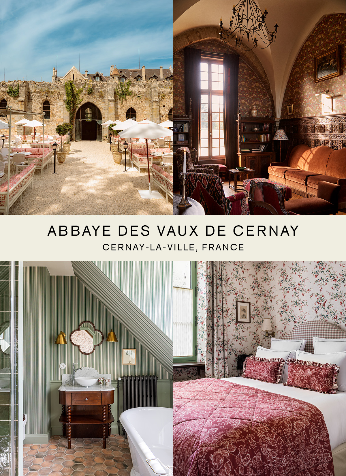 Collage featuring countryside hotel Abbaye des Vaux de Cernay outside of Paris.